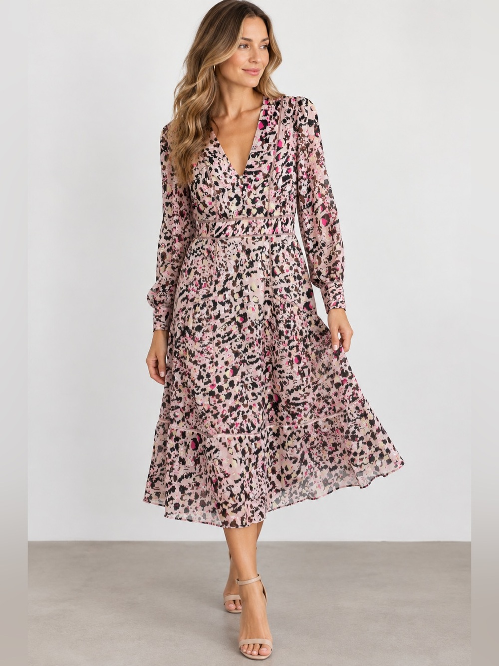 Ted Baker Pink Leopard Print Deep V-Neck Long Sleeve Dress Size 2